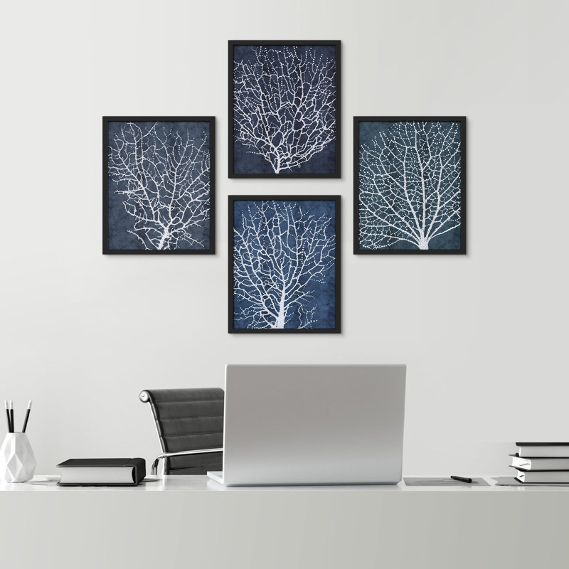 Arbres abstraits encadrés sur papier, impression de 4 pièces, H 14 po x l 11 po, Noir