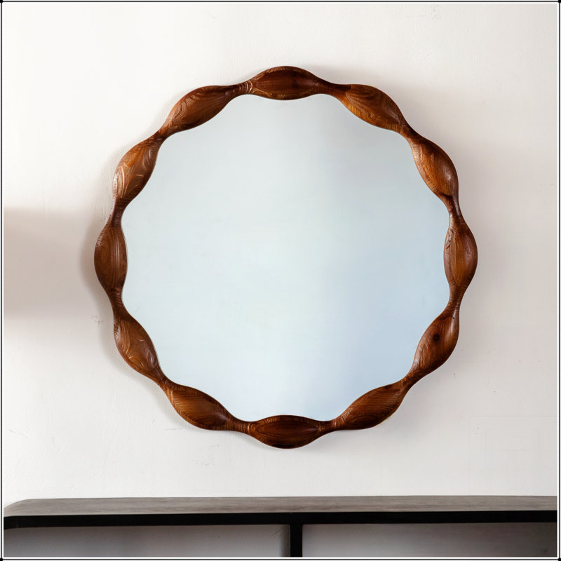 Miroir rond 32,28 pouces en bois massif avec cadre ondulé rustique