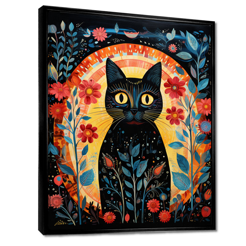 «Black Boho Flower Cat - Cat», reproduction d'art murale, H 20 po x l 12 po x P 1 po, Toile avec cadre noir