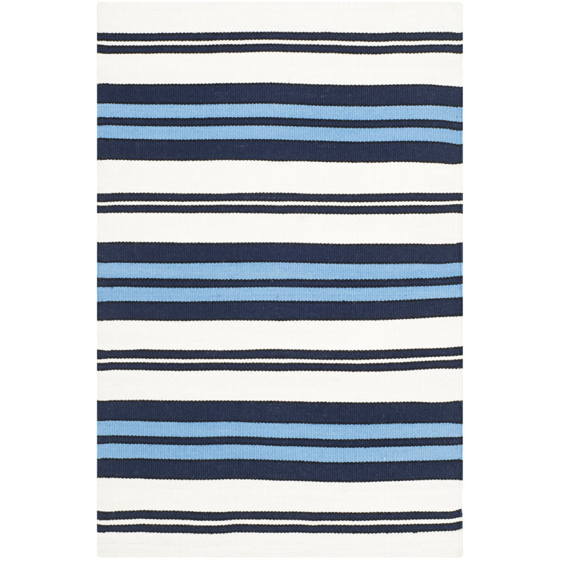 Racing Point Hand Knotted Striped Area Rug in Terry White/French Blue, Rectangle 2' x 3'