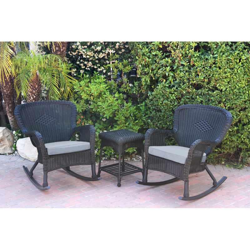 Windsor Resin Wicker Rocker Chair And End Table Set With Cushions, Black, Steel Blue