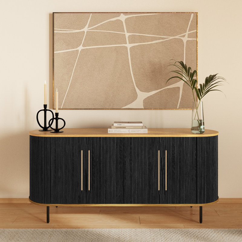 Pheobe 71" Black Ribbed Wood Sideboard With Oak Accents