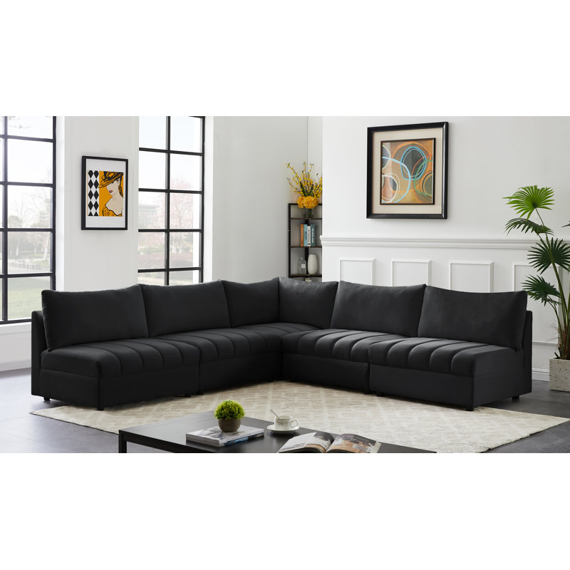 Ensoll Velvet L-Shaped Sectional Reversible, Black Velvet