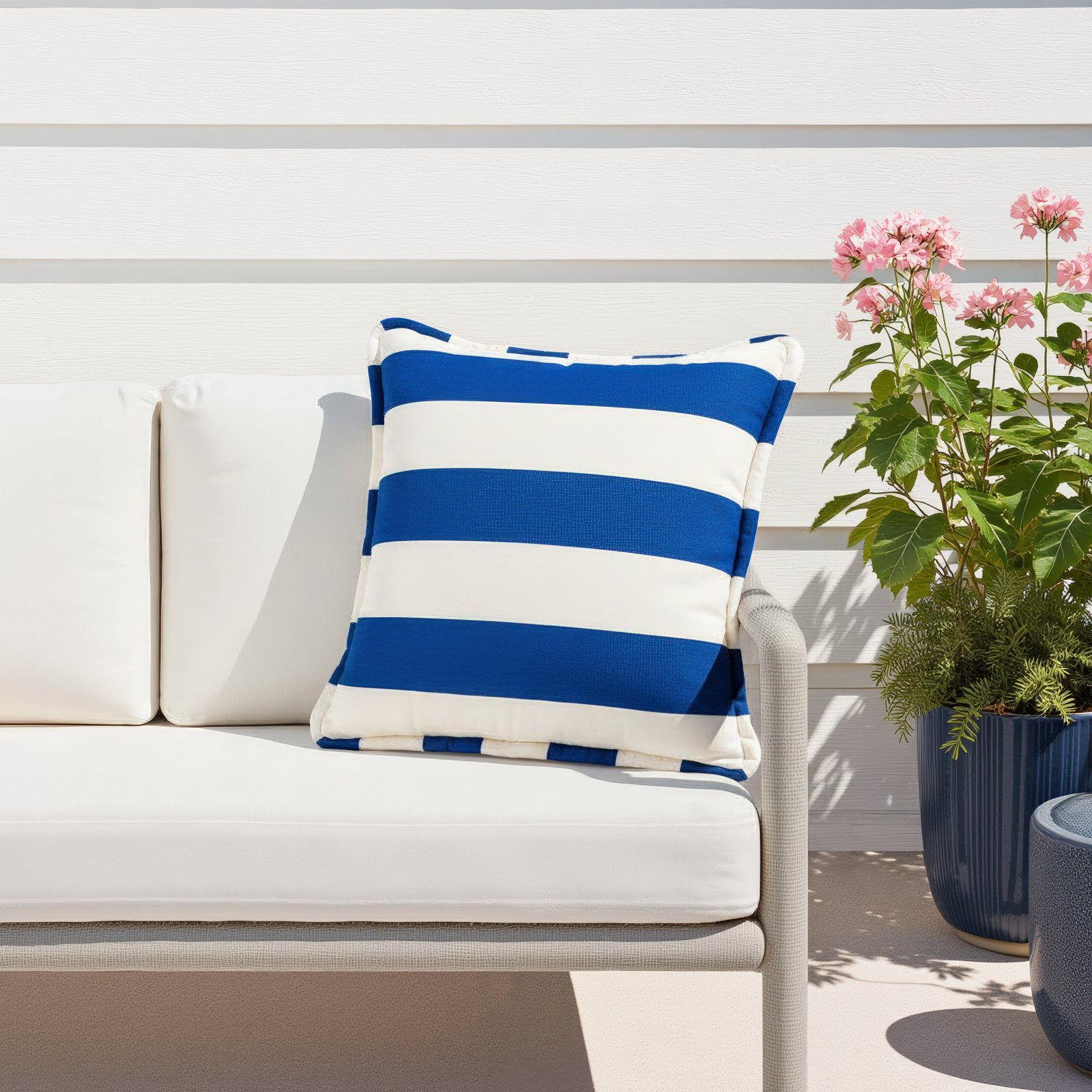 Devi Outdoor Pillow Cover & Insert, Blue Striped, 18" H x 18" W