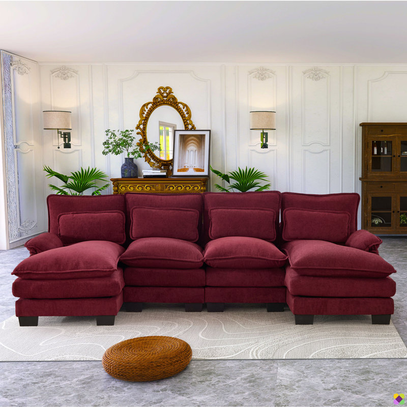 Aariketh 107.87"W Chenille Stationary U-shape Sectional, Red Chenille