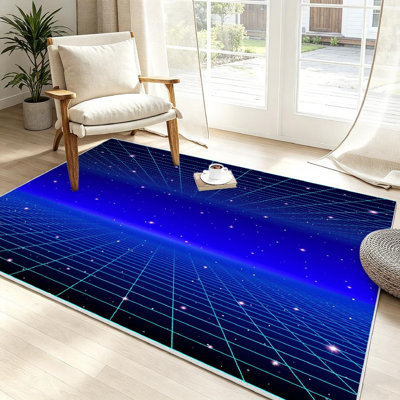 Blue Machine Washable,Retro Neon with Grid and Stars Indoor Area Rug
