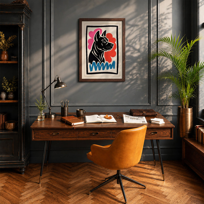 Dog's Head in Profile Graphic Art - Framed Print, A2 - 59.4 x 42.0 cm, Walnut