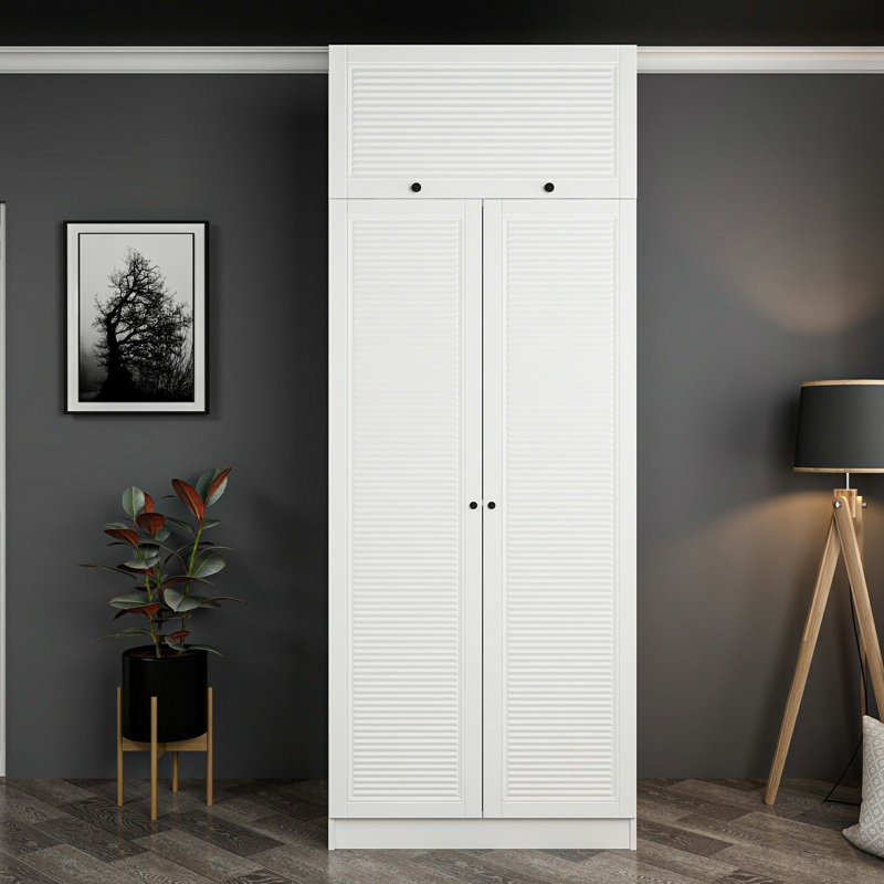 Garde-robe moderne blanc 100% mélamine, panneau de particules 35,4 po x 82,7 po x 20,5 po | Conception durable et élégante, parfaite pour les solutions de chambre à coucher et de rangement | Élégante couleur unie, organisation compacte
