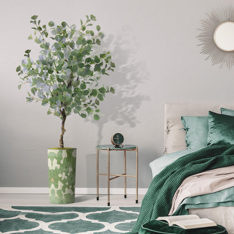 Arbre artificiel dans un pot de fleurs moderne, faux arbre en soie d'eucalyptus (décoration en pot et arbre), Vert abstrait