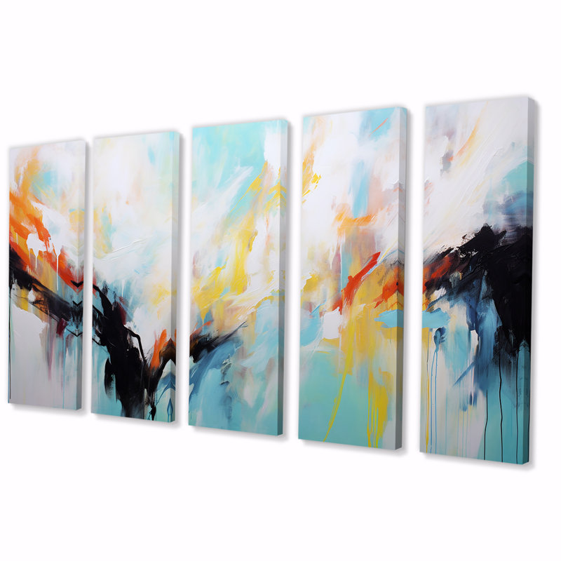 Bleu azur et blanc fusion - ensemble de 5 peintures abstraites, H 32 po x l 80 po