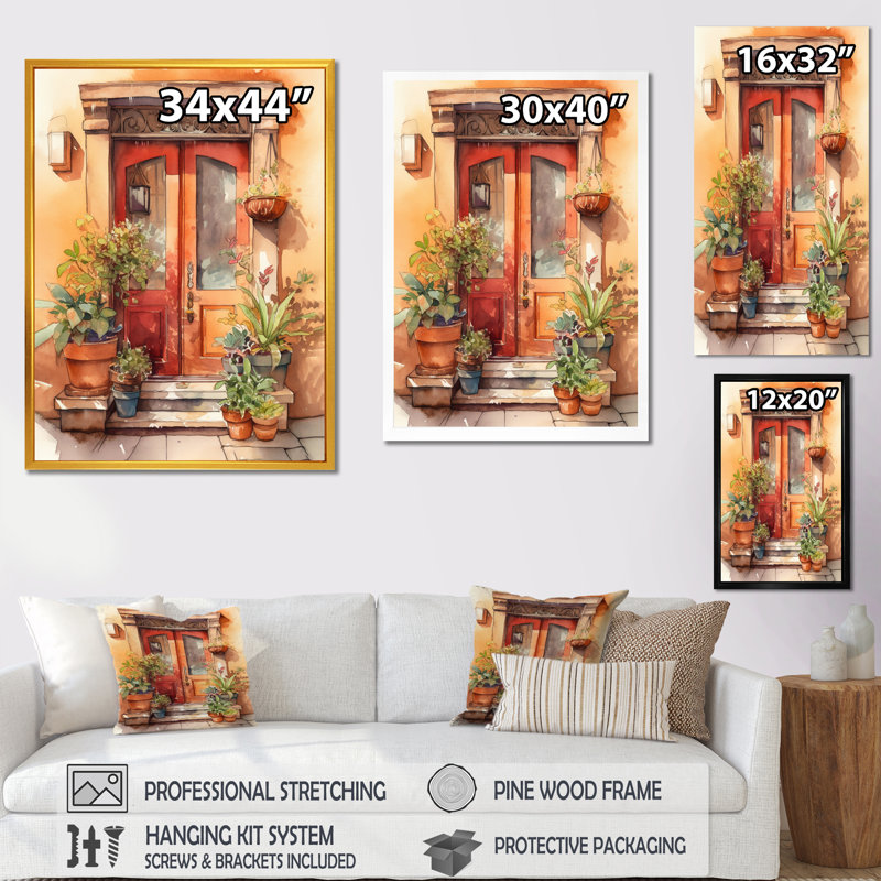Sissel " Red And Beige Garden Door Gateway ", Black Picture Framed, 20" H x 12" W x 1" D