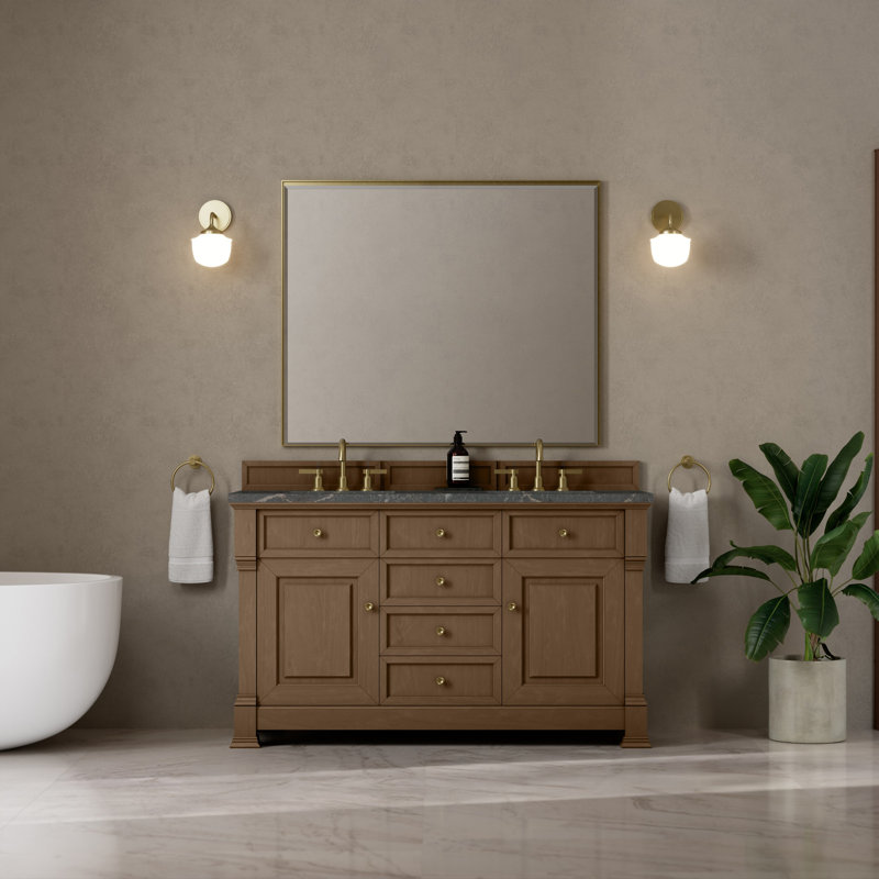 Brookfield 60'' W Double Vanity, Pecan, Parisien Bleu, Widespread