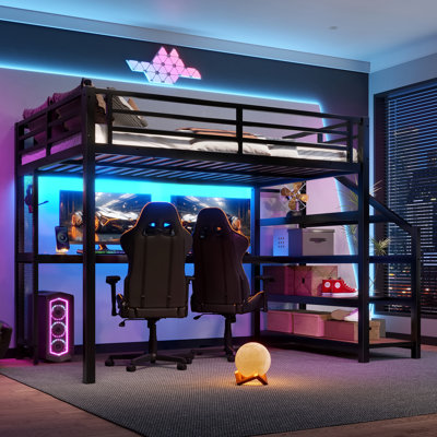 Full Loft Bed With Desk And Storage Stairs, Metal Loft Beds With LED Lights, USB Ports, Multifunctional Iron Nets, No Spring Box Needed And Noise-Free by 17 Stories