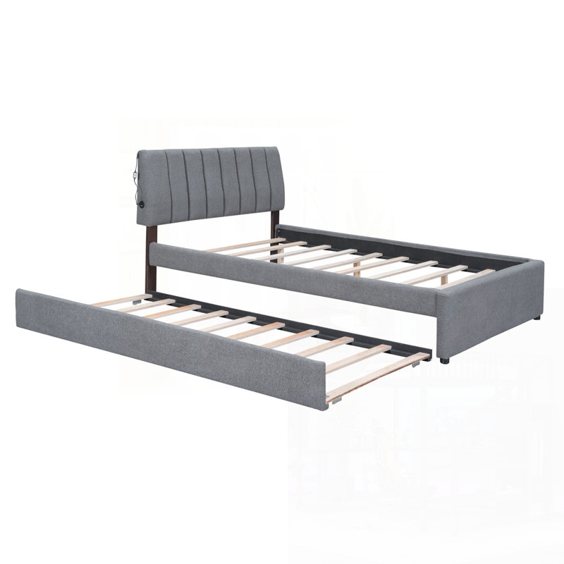 Lit plateforme tapissier avec lit gigogne double Teddy, Complète, Gris foncé