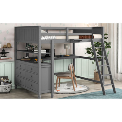 Lit mezzanine double gris avec plusieurs caractéristiques, bois massif, tiroirs, bureau et tablettes. Maximisez votre espace de rangement. Fabrication. Pas de sommier tapissier. Idéal pour le repos au travail. 80,6 po x l