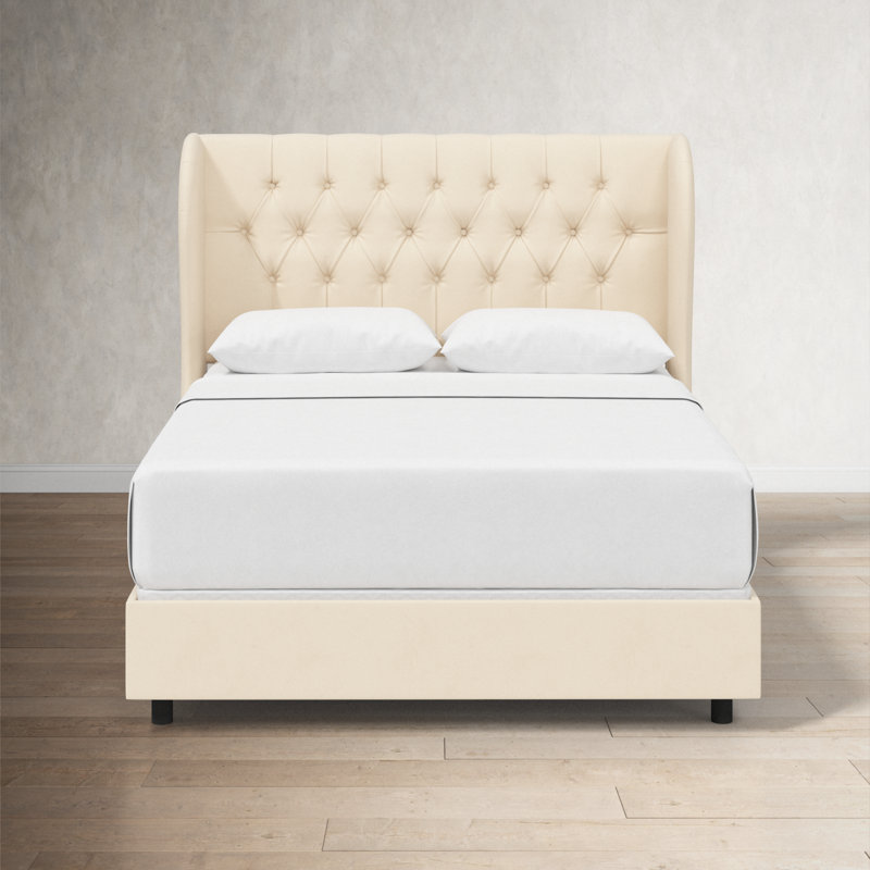 Lit tapissier capitonné standard à profil bas Tomey, Double, Velours performance perle classique