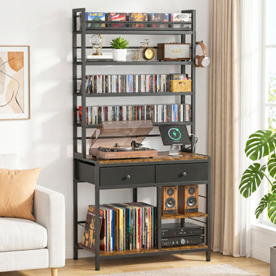 70.67" Tall Media Storage Rack with 2 Fabric Drawers and Adjustable Shelves for CDs, DVDs and Vinyl Records