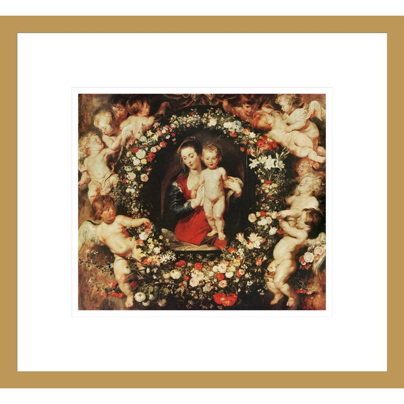 Vierge avec une guirlande de fleurs par Peter Paul Rubens, impression giclée encadrée, 13,75 po H x 14,9 po L