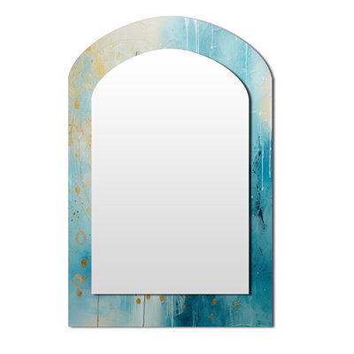 Bleu sarcelle circulaire sensibilité rétro aquarelle - peinture abstraite arche unique miroir mural, grand miroir asymétrique doré, art imprimé en métal