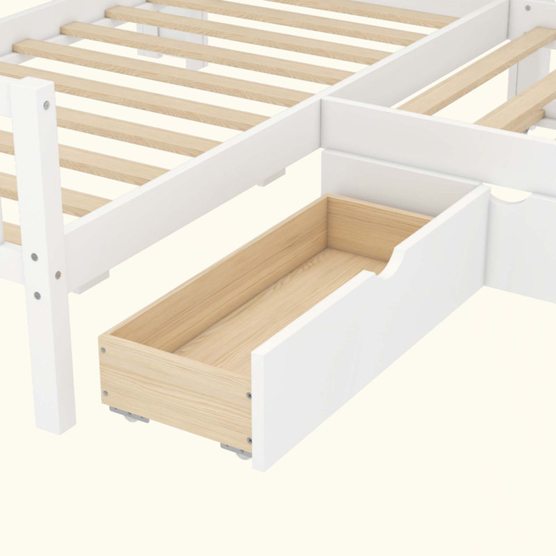 Lit plateforme en L avec lit gigogne, lit plateforme en bois massif avec tiroirs et tablettes de rangement, pas de sommier nécessaire