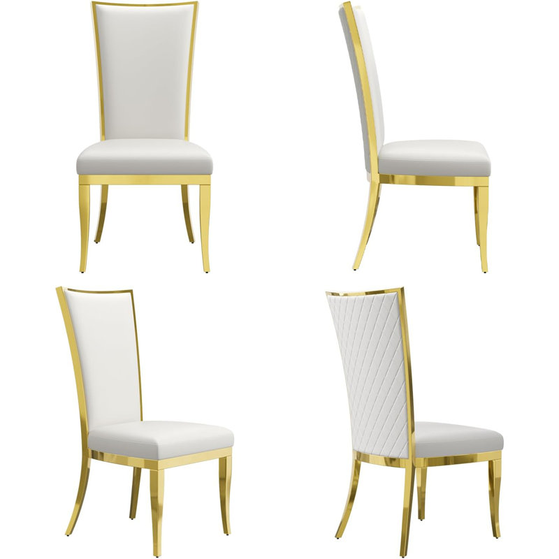 White Leather Dining Chairs With Polished Gold Legs Set Of 4