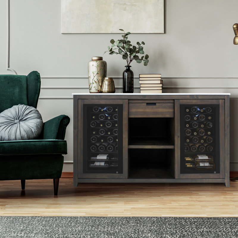 Brown Wood Wine Credenza with White Marble Tabletop