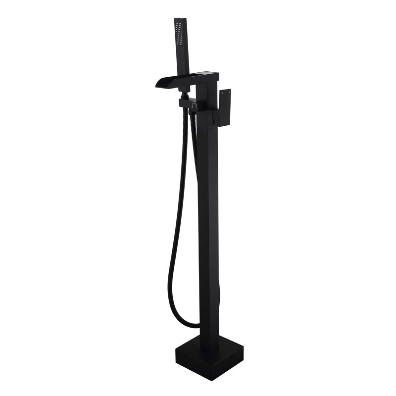 Robinet de baignoire autoportant à haut débit avec douche à main - Noir mat, acier inoxydable, bec cascade, rouille et corrosion