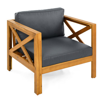 Club Armchair Made From Wood With Finish And Dark Grey Water - Cushions, Garden Seating In Ergonomic , Comfortable For Outdoor Patios