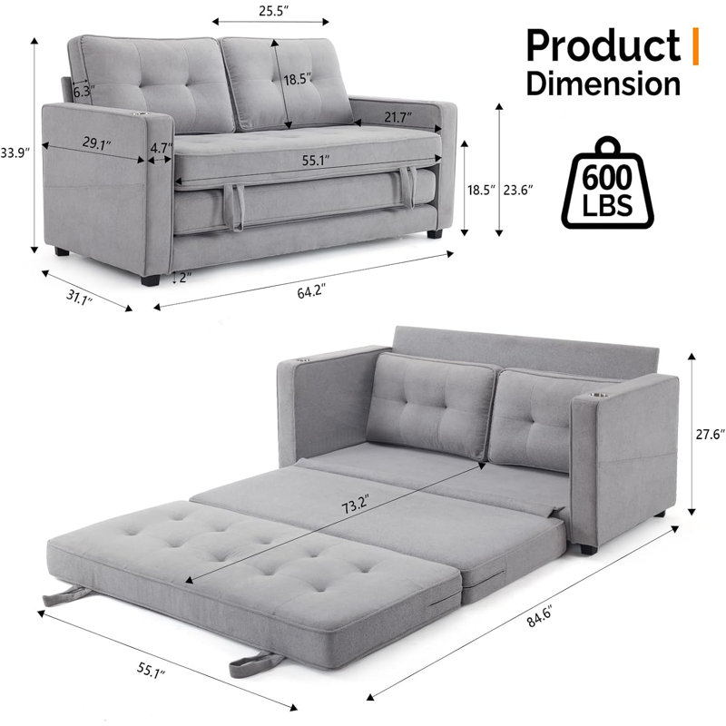 Deymi 64.2" Sleeper Sofa sofa bed, Gray Chenille