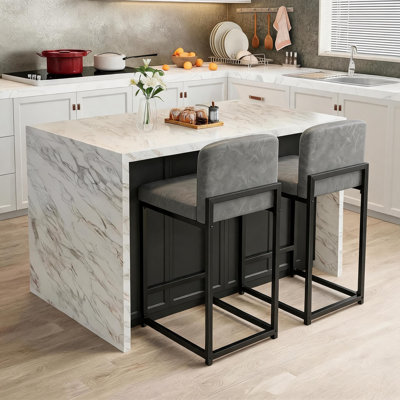Bar Stools Set of 2, Modern Counter Height Bar Stools with Back and Footrest, Faux Leather Upholstered Barstools Chairs for Kitchen Island Dining Room