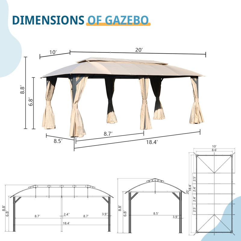 Metal Ventilation Double Roof Party Tent Gazebo, Brown, 9.81 ft x 19.62 ft