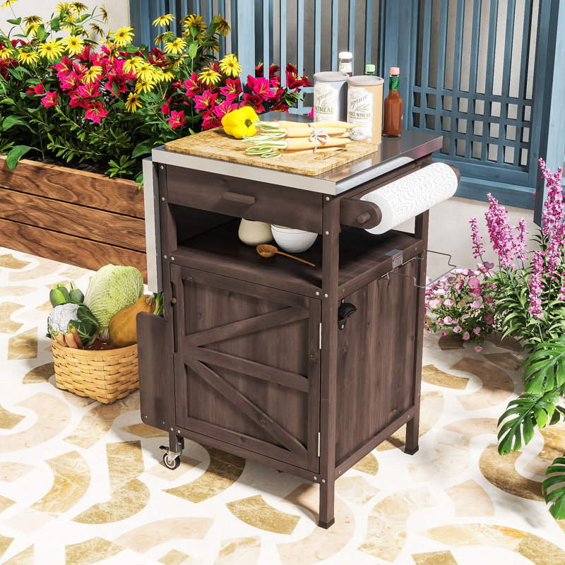 Chariot de cuisine d'extérieur avec plateau en acier inoxydable, armoire de rangement en bois de sapin massif et abattant pliable