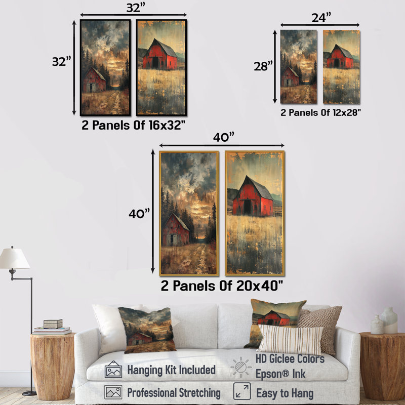 Ensemble de 2 pièces d'art mural gris et rouge, H 28 po x l 24 po, Impression encadrée, Brun