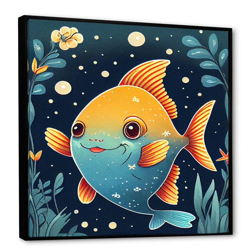 «Kamorah», dessin mignon de poisson en orange et bleu - reproduction sur toile, H 16 po x l 16 po x P 1 po