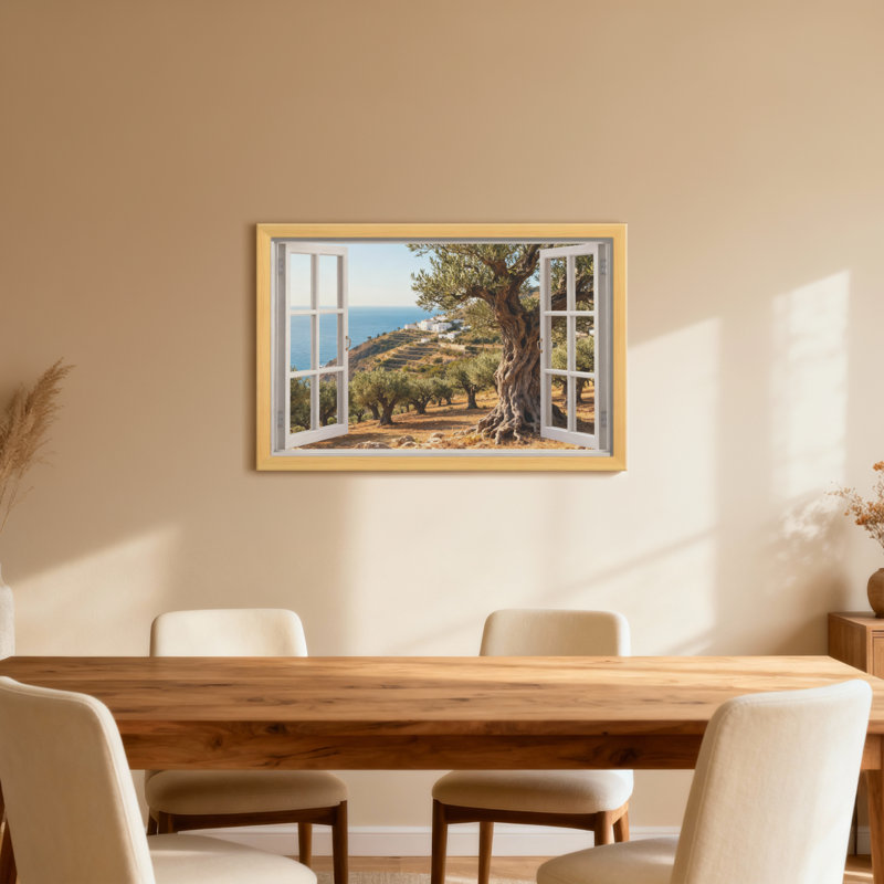Paysage et nature à fenêtre ouverte avec vue sur la mer et oliveraie, H 30 po x l 20 po, Toile tendue, Ne s’applique pas
