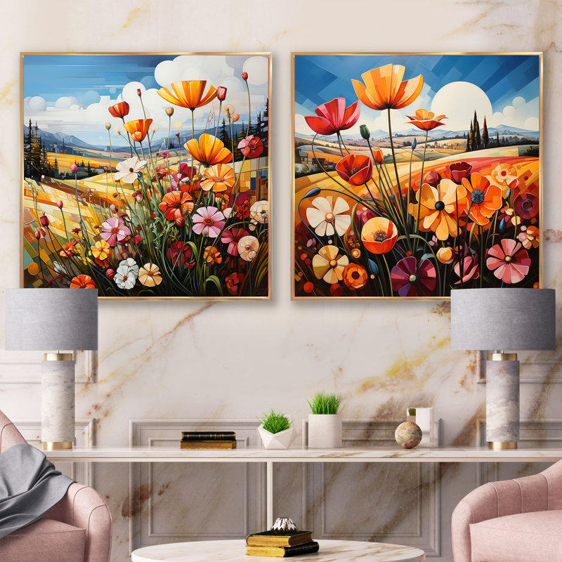 Abstrait harmonie Blooms Field - Meadow Square, ensemble de 2 collages, H 16 po x l 33 po, Cadre flottant doré
