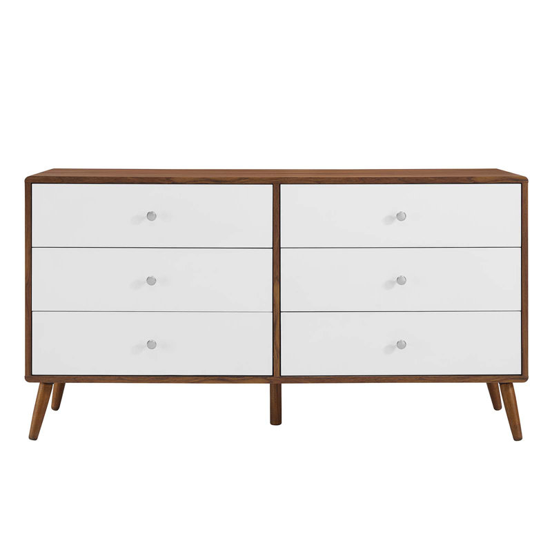 Mid-Century 60'' White and Walnut Dresser with Chrome Pulls