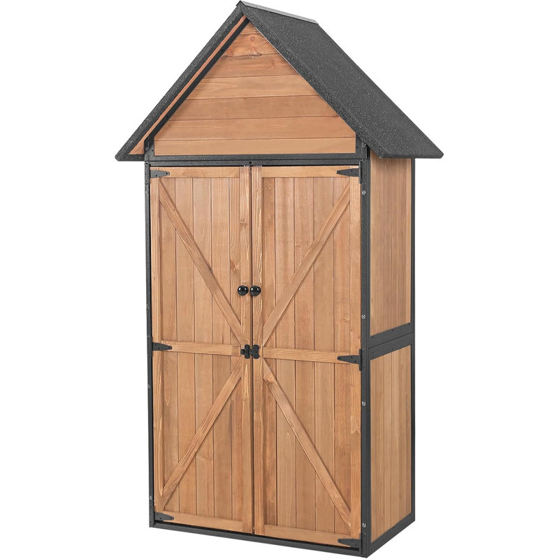 Brown Wooden Outdoor Storage Shed with Metal Frame and Shelving