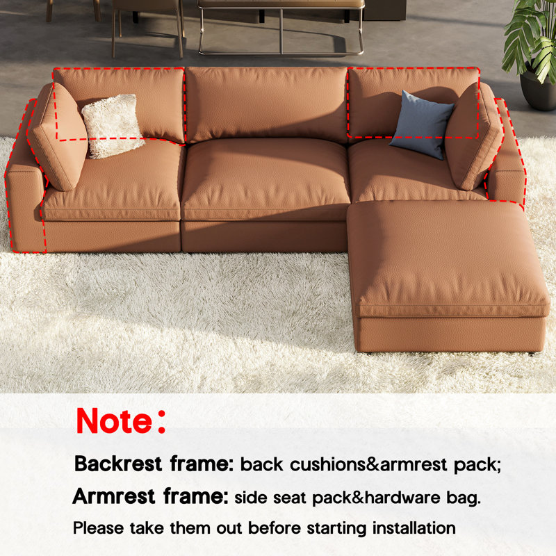 Modular Sectional Sofa, 152 Inches Down Filled Sectional Sofa, U Shaped Cloud Couch With Chaise, Ottoman, Oversized Couch For Living Room, Brown Anti-Scratch Leathaire Couch Set