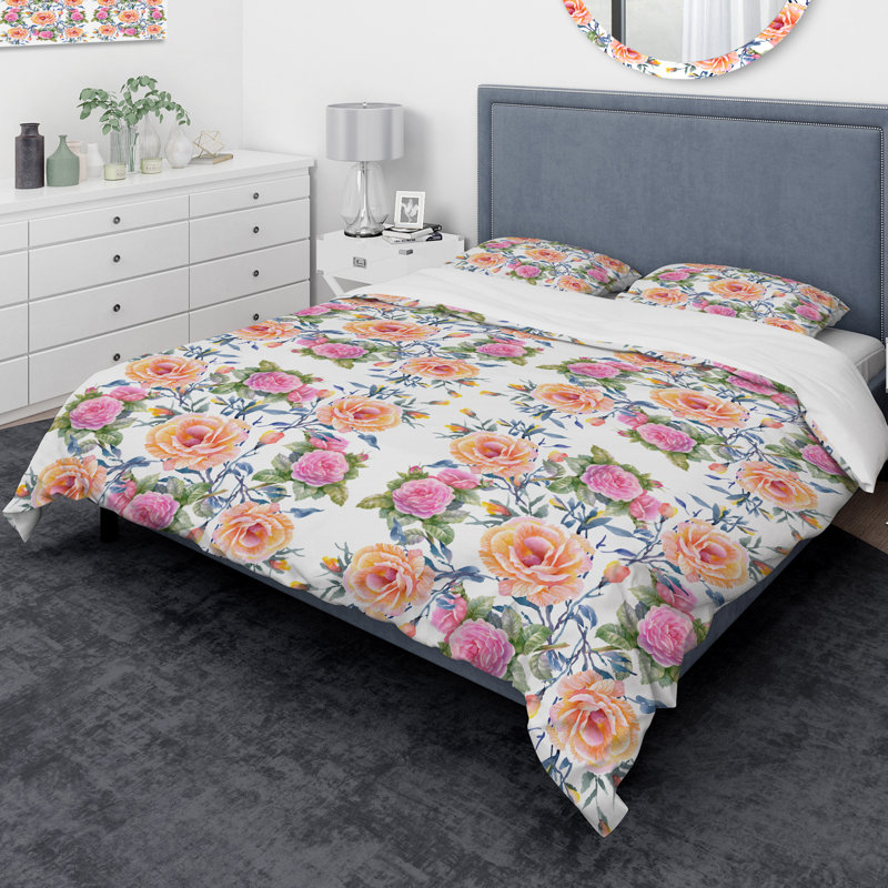 Ensemble de housse de couette designart fleurs, Housse de couette très grand + 2 taies décoratives