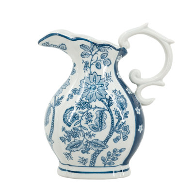 Decorative Porcelain Pitcher with Floral Patterns - 9" x 5" x 10" - Blue /White