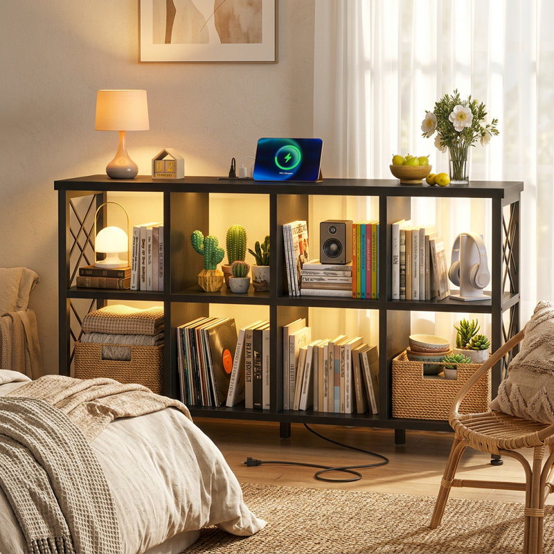 8-cube Bookcase With Led Lights & Charging Ports, Sturdy Storage Organizer For Home Office/living Room/bedroom ,57.09"W × 13.78"D × 29.92"H