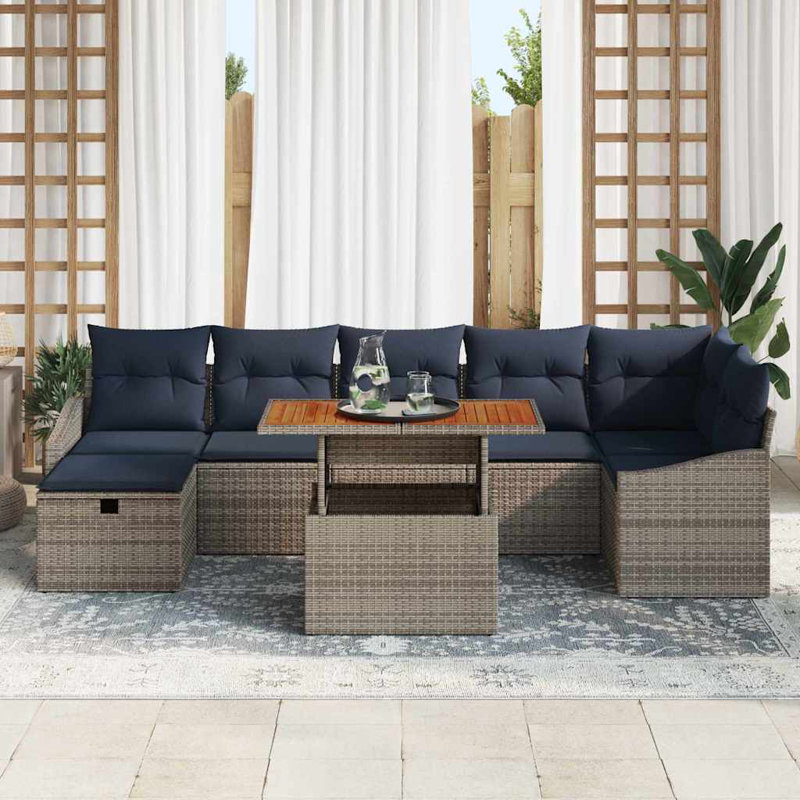  Ensemble de canapé de jardin avec coussin 8 pièces en rotin de polyester gris, Coussin bleu marine / structure grise