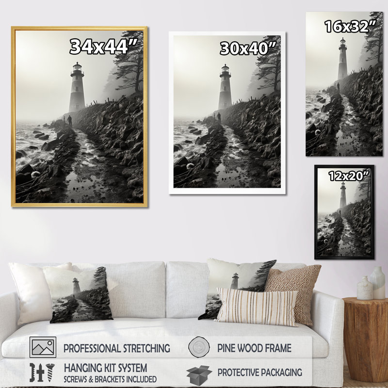 Phare Bansemer noir et blanc avec horizon brumeux, H 40 po x l 30 po x P 1,5 po, Cadre flottant doré