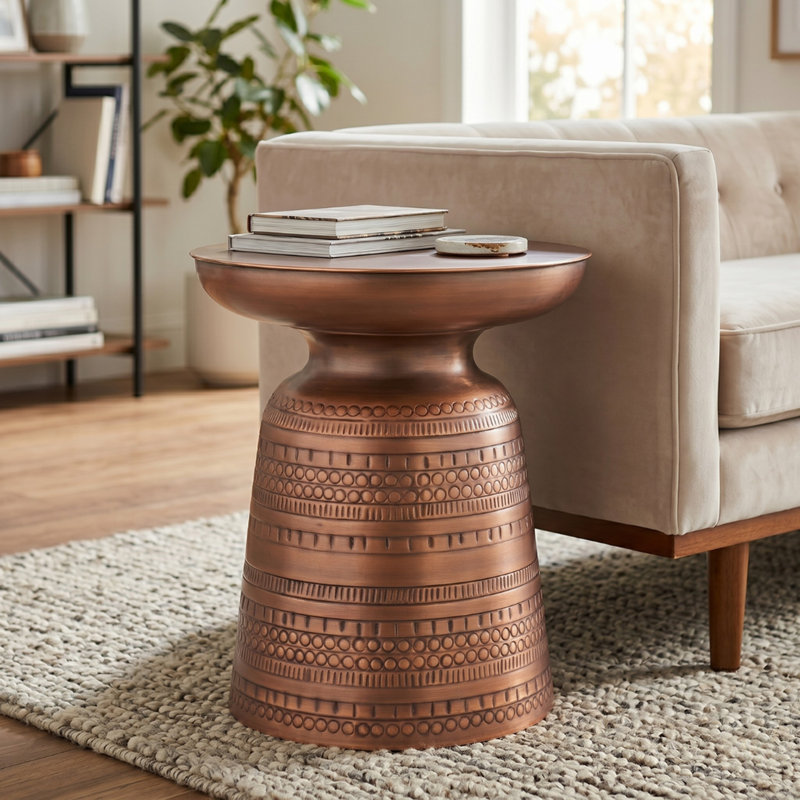 Hammered Copper Side Table, 16” Round Antique Copper  and Brass -Pedestal Accent Table, Nightstand & Drink Table with Tray Top, Modern Metal End Table for Living Room & Bedroom