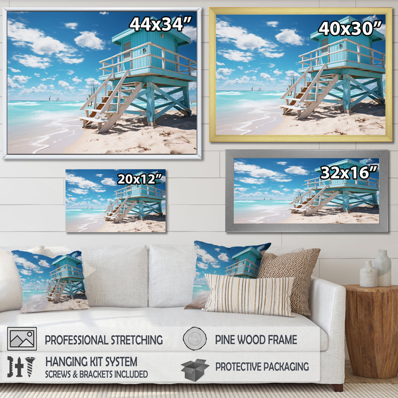 Turquoise Miami Lifeguard Whispers II, reproduction d'art sur toile, H 24 po x l 32 po x P 1 po, Cadre flottant noir
