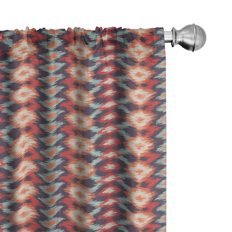 Ikat Window Curtains, Indigenous Civilizations Ornamental Abstract Rhombus and Lines, Lightweight Decorative Panels, Vermilion Orange Seafoam Semi-Sheer Rod Pocket Sliding Panel