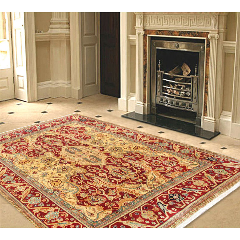 Tapis doré / rouge en laine noué à la main Agra