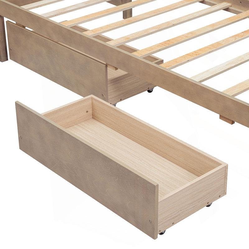 Lit plateforme simple en forme de L avec trois tiroirs de rangement, naturel