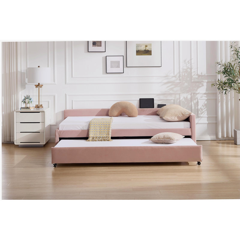 Lit de jour rembourré avec lit gigogne, structure de lit en bois robuste, conception de grille de diamant moderne, pour chambre à coucher, chambre d'amis (rose)